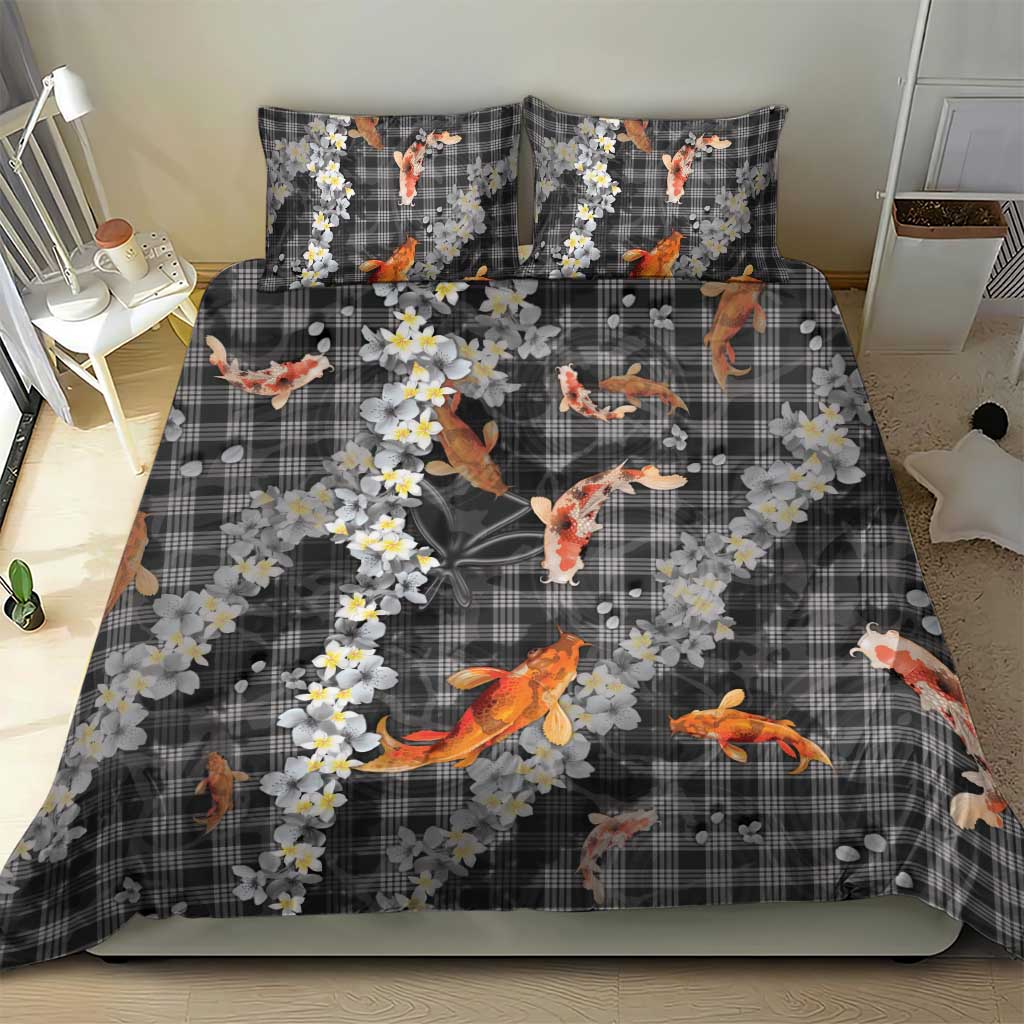 Black Palaka Hawaiian And Japanese Bedding Set Sakura Lei With Koi Fish - Polynesian Pride