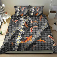 Black Palaka Hawaiian And Japanese Bedding Set Sakura Lei With Koi Fish - Polynesian Pride