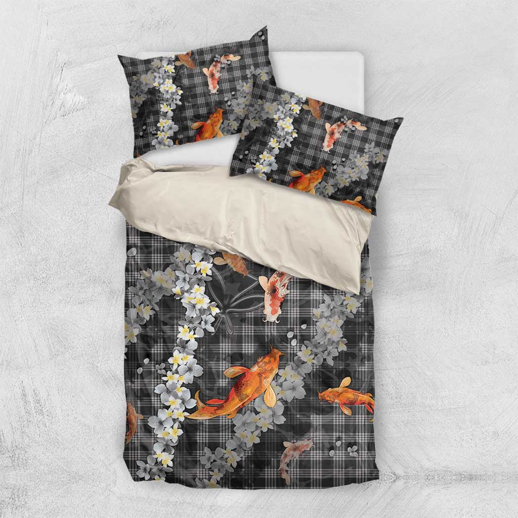 Black Palaka Hawaiian And Japanese Bedding Set Sakura Lei With Koi Fish - Polynesian Pride