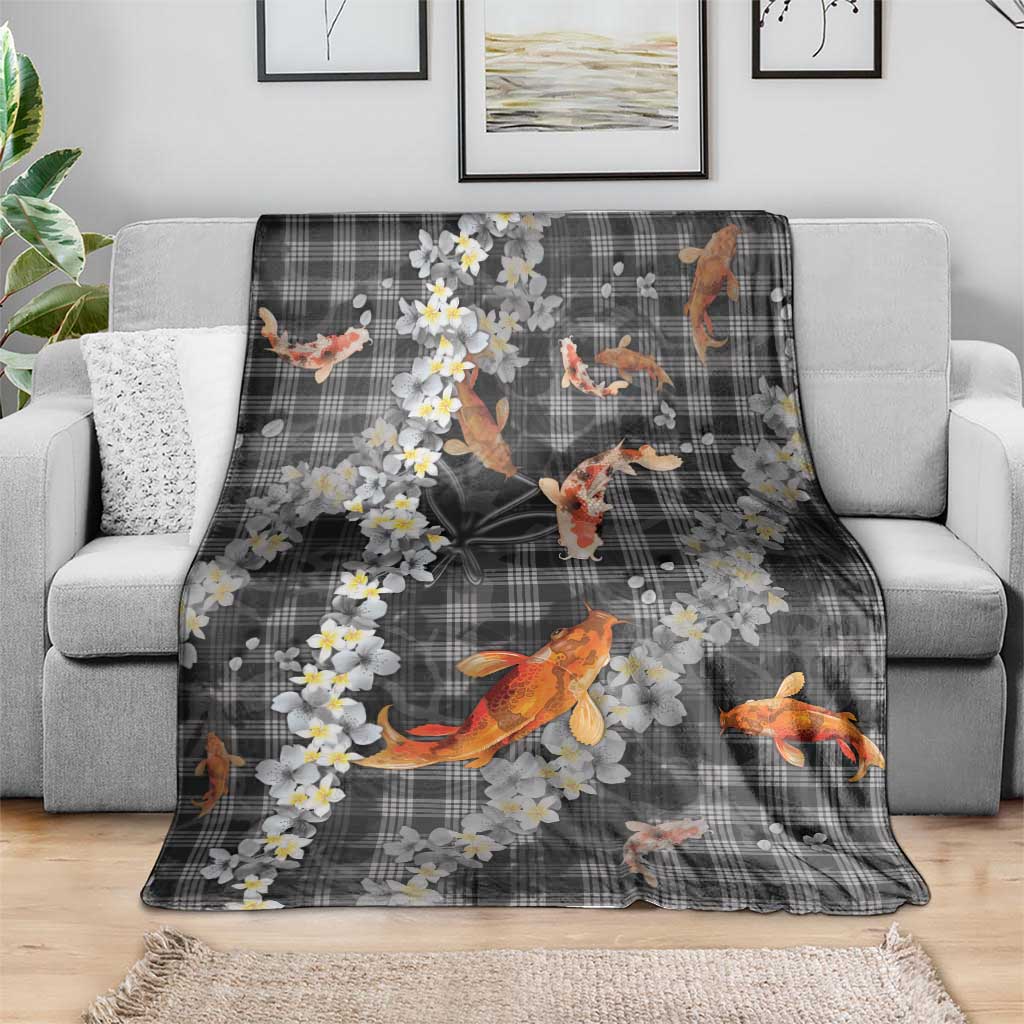 Black Palaka Hawaiian And Japanese Blanket Sakura Lei With Koi Fish - Polynesian Pride