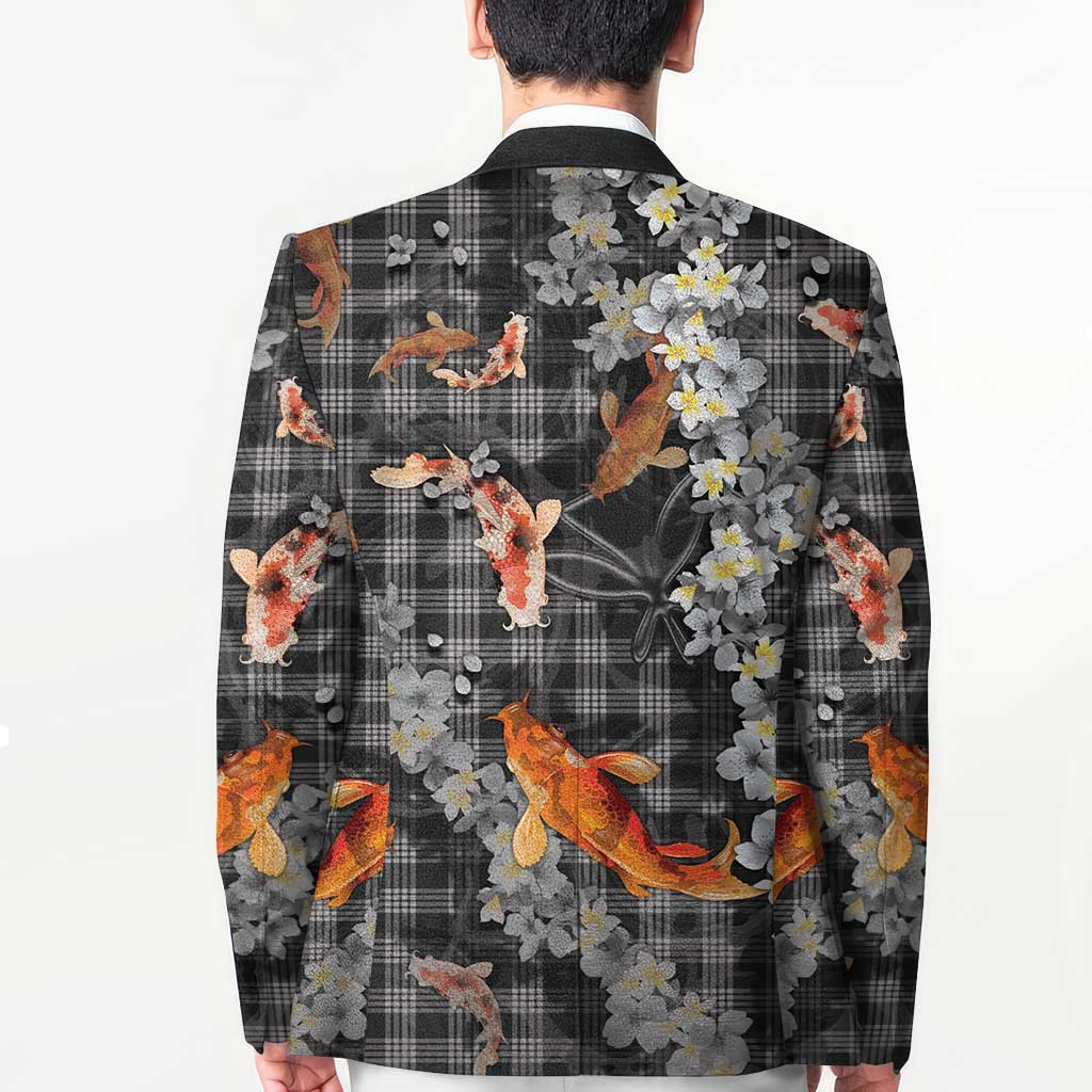 Black Palaka Hawaiian And Japanese Blazer Sakura Lei With Koi Fish - Polynesian Pride