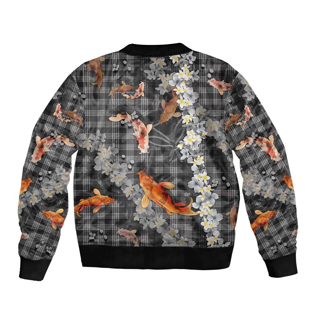Black Palaka Hawaiian And Japanese Bomber Jacket Sakura Lei With Koi Fish - Polynesian Pride