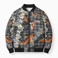 Black Palaka Hawaiian And Japanese Bomber Puffer Jacket Sakura Lei With Koi Fish DT05 Unisex Black - Polynesian Pride