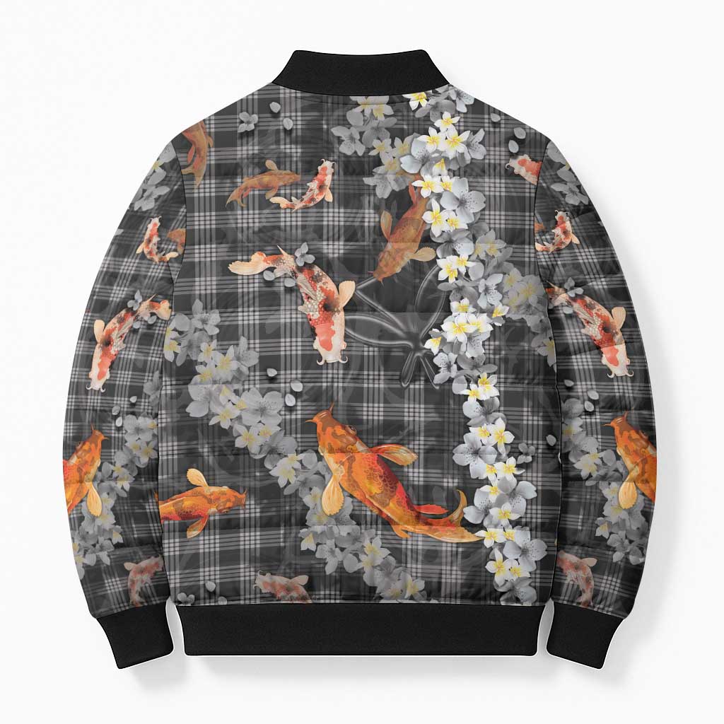 Black Palaka Hawaiian And Japanese Bomber Puffer Jacket Sakura Lei With Koi Fish DT05 - Polynesian Pride