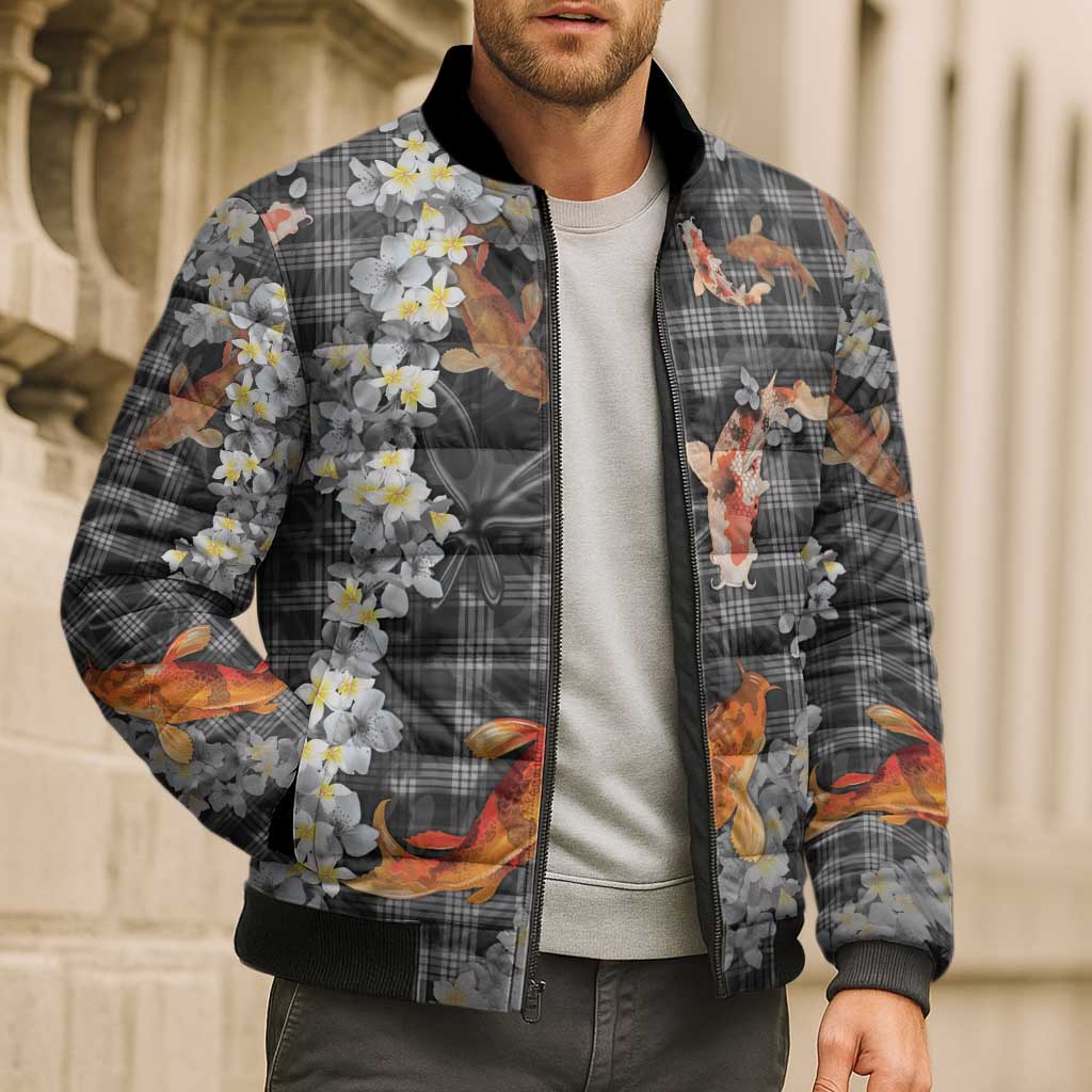 Black Palaka Hawaiian And Japanese Bomber Puffer Jacket Sakura Lei With Koi Fish DT05 - Polynesian Pride