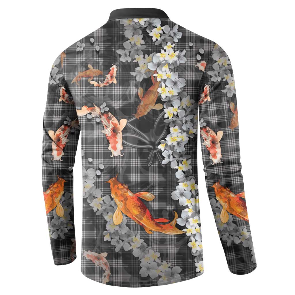 Black Palaka Hawaiian And Japanese Button Sweatshirt Sakura Lei With Koi Fish DT05 - Polynesian Pride