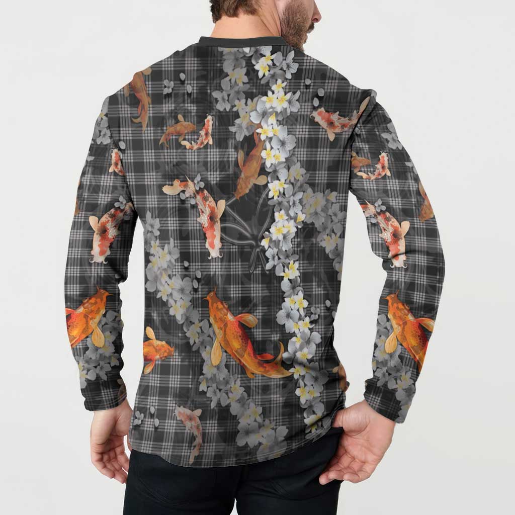 Black Palaka Hawaiian And Japanese Button Sweatshirt Sakura Lei With Koi Fish DT05 - Polynesian Pride
