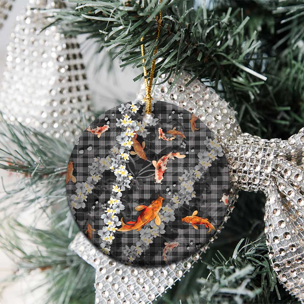 Black Palaka Hawaiian And Japanese Ceramic Ornament Sakura Lei With Koi Fish - Polynesian Pride