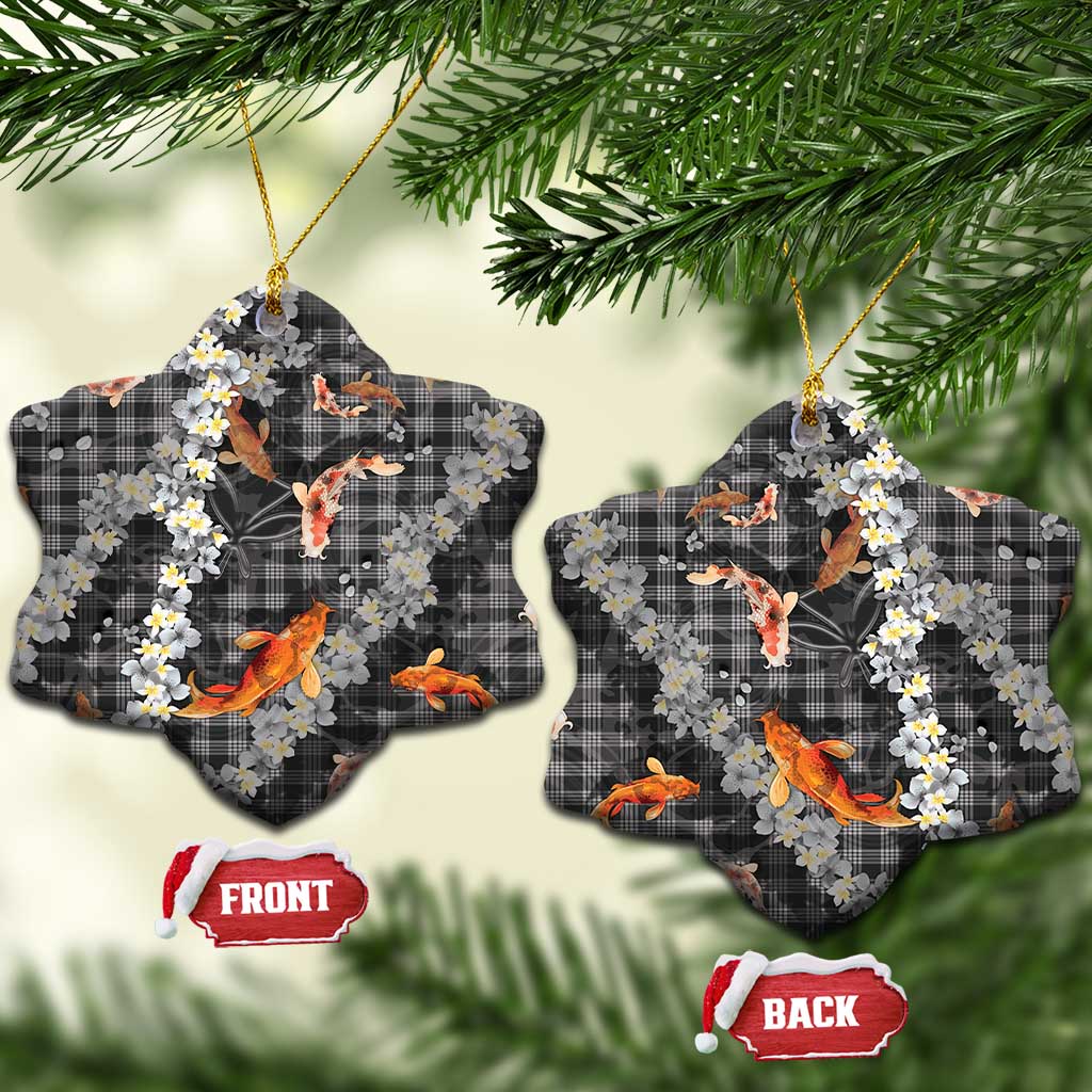 Black Palaka Hawaiian And Japanese Ceramic Ornament Sakura Lei With Koi Fish - Polynesian Pride