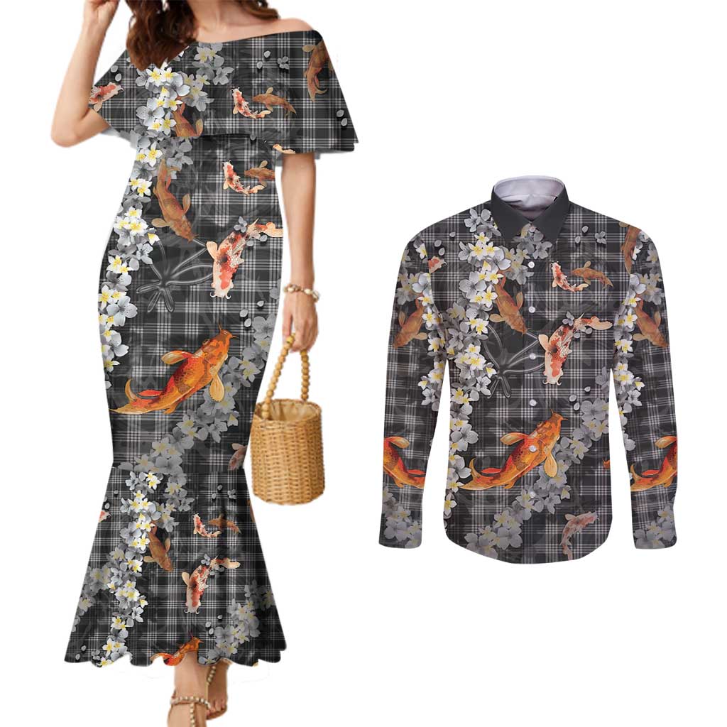 Black Palaka Hawaiian And Japanese Couples Matching Mermaid Dress and Long Sleeve Button Shirt Sakura Lei With Koi Fish - Polynesian Pride