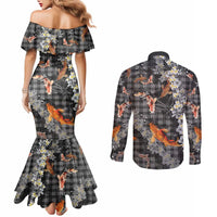Black Palaka Hawaiian And Japanese Couples Matching Mermaid Dress and Long Sleeve Button Shirt Sakura Lei With Koi Fish - Polynesian Pride