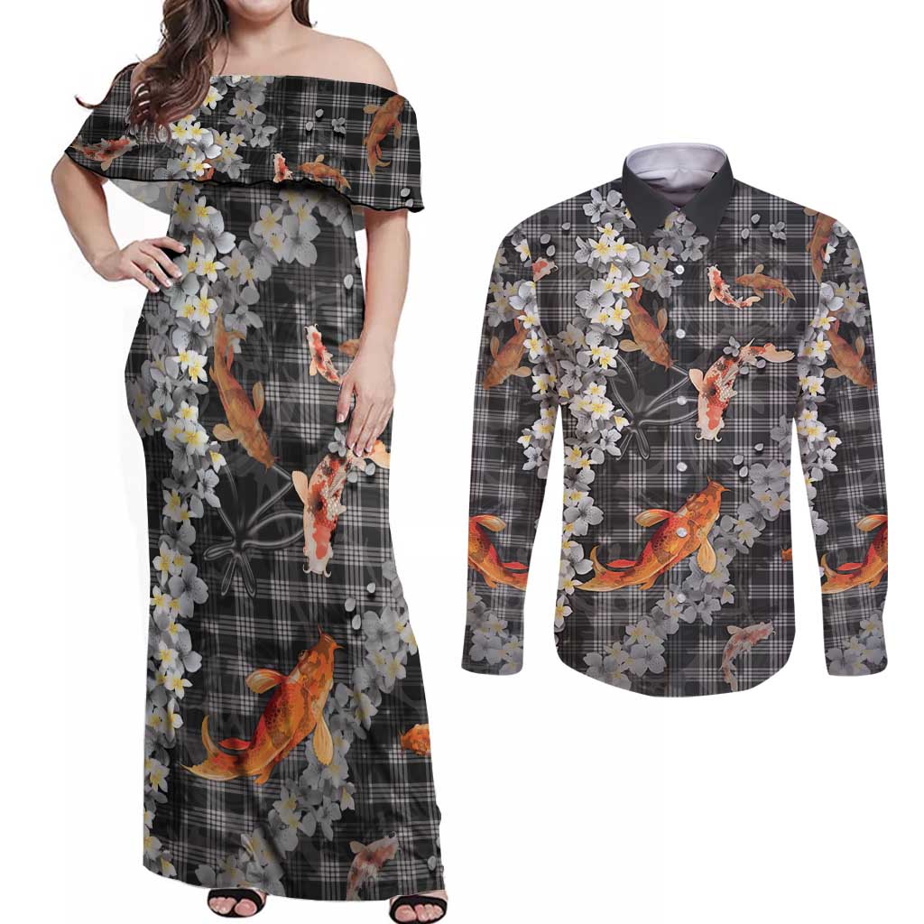 Black Palaka Hawaiian And Japanese Couples Matching Off Shoulder Maxi Dress and Long Sleeve Button Shirt Sakura Lei With Koi Fish - Polynesian Pride