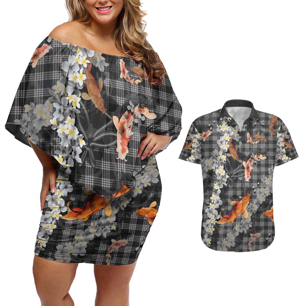 Black Palaka Hawaiian And Japanese Couples Matching Off Shoulder Short Dress and Hawaiian Shirt Sakura Lei With Koi Fish - Polynesian Pride