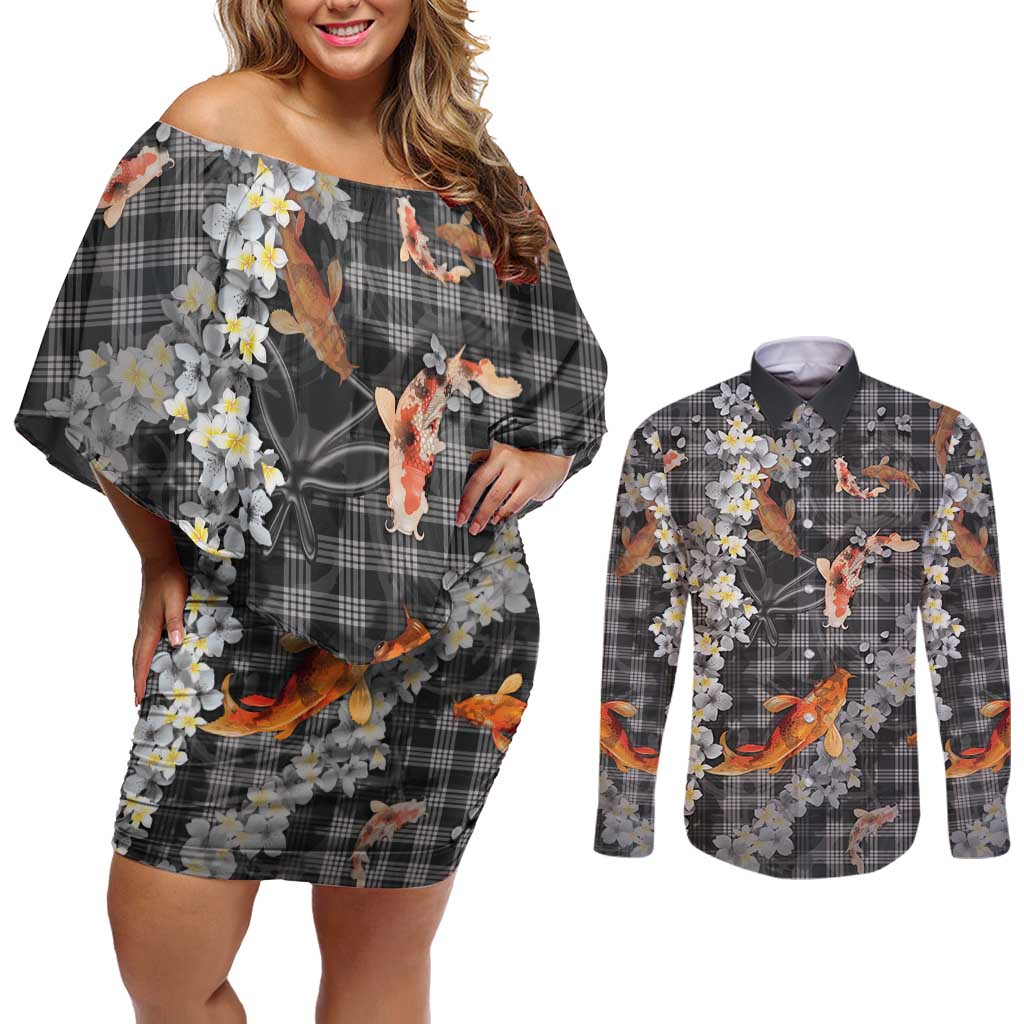Black Palaka Hawaiian And Japanese Couples Matching Off Shoulder Short Dress and Long Sleeve Button Shirt Sakura Lei With Koi Fish - Polynesian Pride