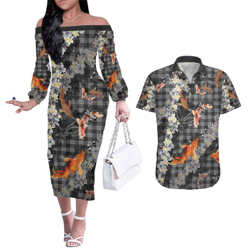Black Palaka Hawaiian And Japanese Couples Matching Off The Shoulder Long Sleeve Dress and Hawaiian Shirt Sakura Lei With Koi Fish - Polynesian Pride