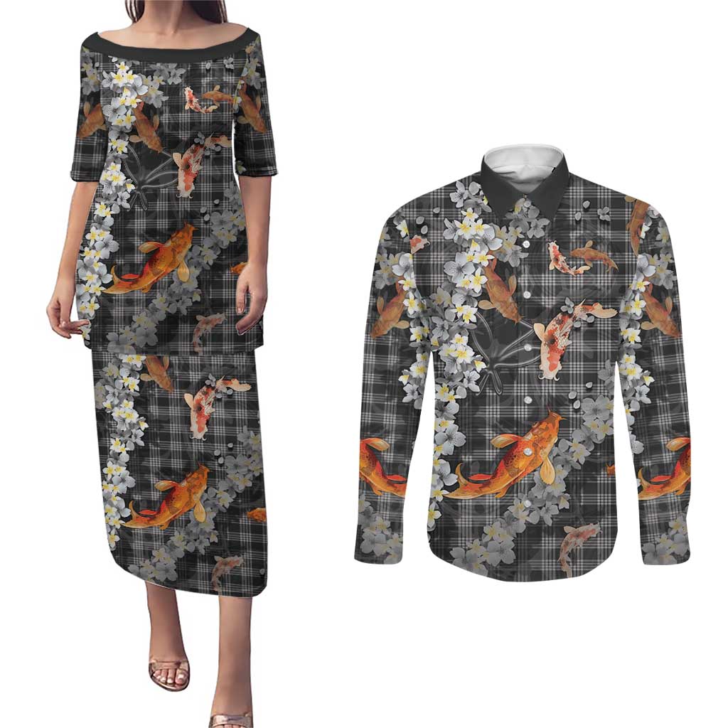 Black Palaka Hawaiian And Japanese Couples Matching Puletasi and Long Sleeve Button Shirt Sakura Lei With Koi Fish - Polynesian Pride
