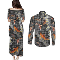 Black Palaka Hawaiian And Japanese Couples Matching Puletasi and Long Sleeve Button Shirt Sakura Lei With Koi Fish - Polynesian Pride