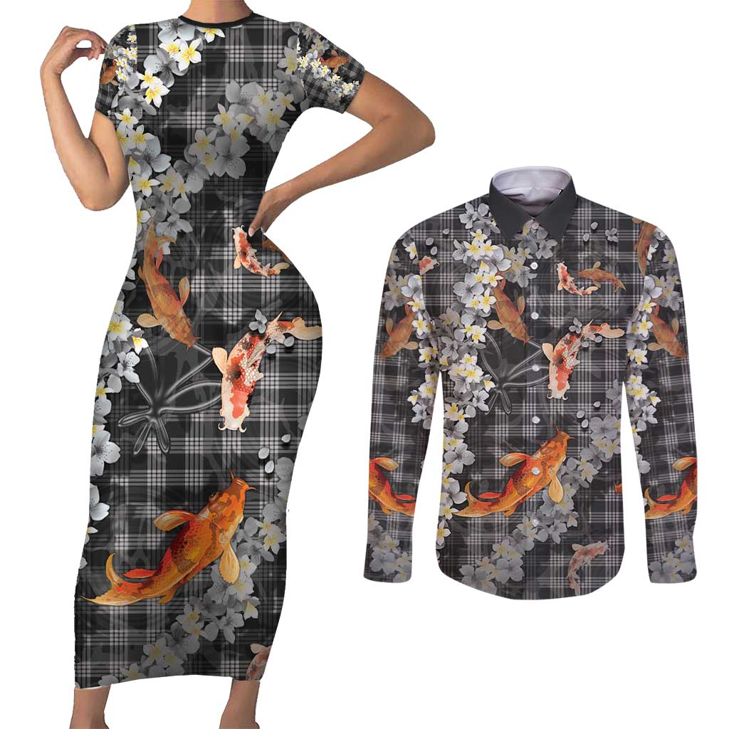 Black Palaka Hawaiian And Japanese Couples Matching Short Sleeve Bodycon Dress and Long Sleeve Button Shirt Sakura Lei With Koi Fish - Polynesian Pride