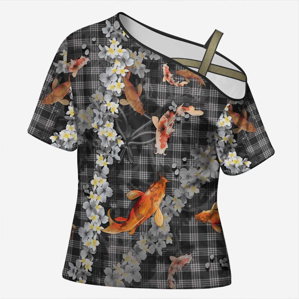 Black Palaka Hawaiian And Japanese Cross Shoulder Shirt Sakura Lei With Koi Fish DT05 Female Black - Polynesian Pride