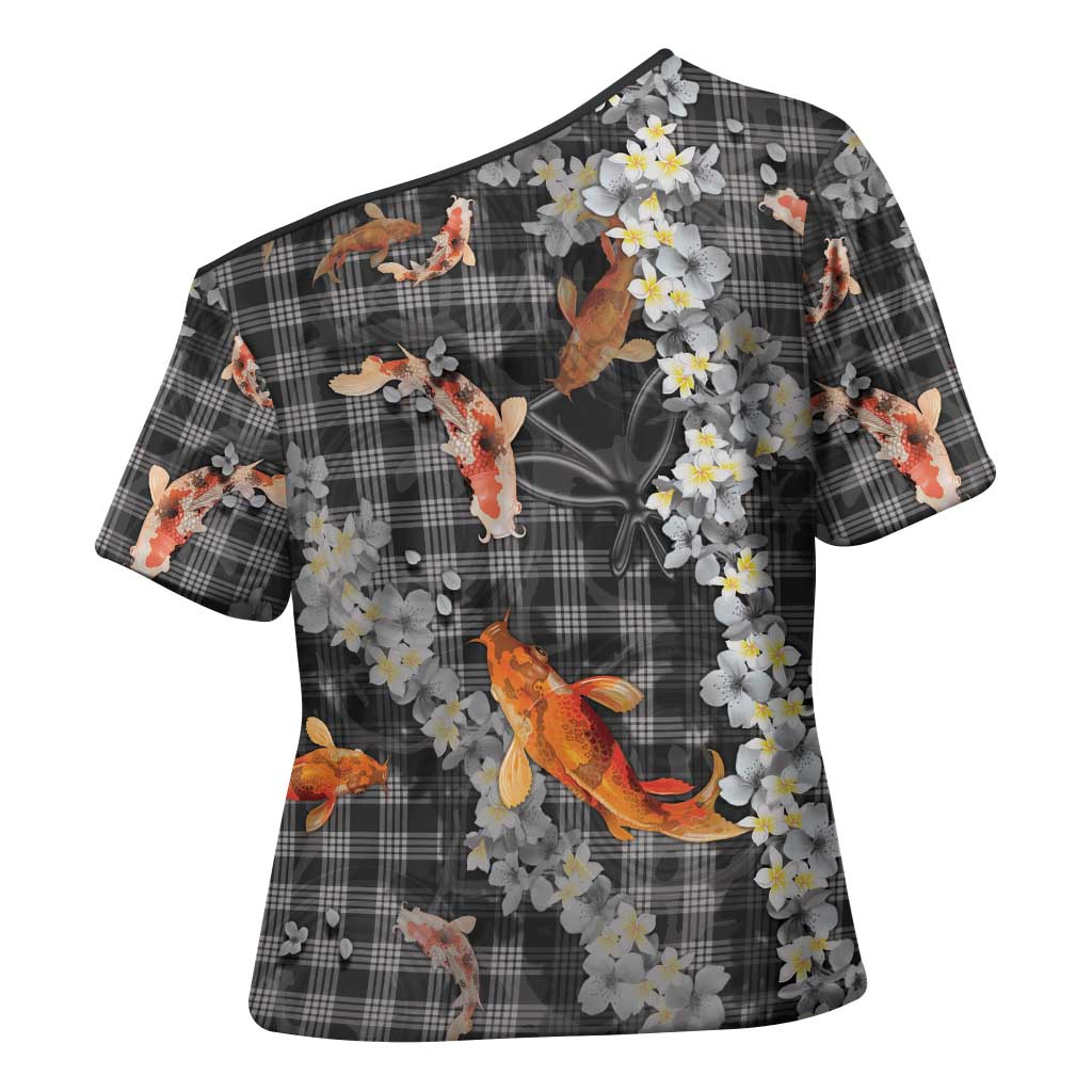 Black Palaka Hawaiian And Japanese Cross Shoulder Shirt Sakura Lei With Koi Fish DT05 - Polynesian Pride