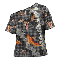 Black Palaka Hawaiian And Japanese Cross Shoulder Shirt Sakura Lei With Koi Fish DT05 - Polynesian Pride