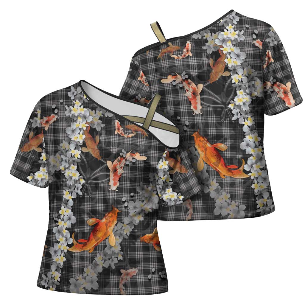 Black Palaka Hawaiian And Japanese Cross Shoulder Shirt Sakura Lei With Koi Fish DT05 - Polynesian Pride