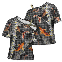 Black Palaka Hawaiian And Japanese Cross Shoulder Shirt Sakura Lei With Koi Fish DT05 - Polynesian Pride