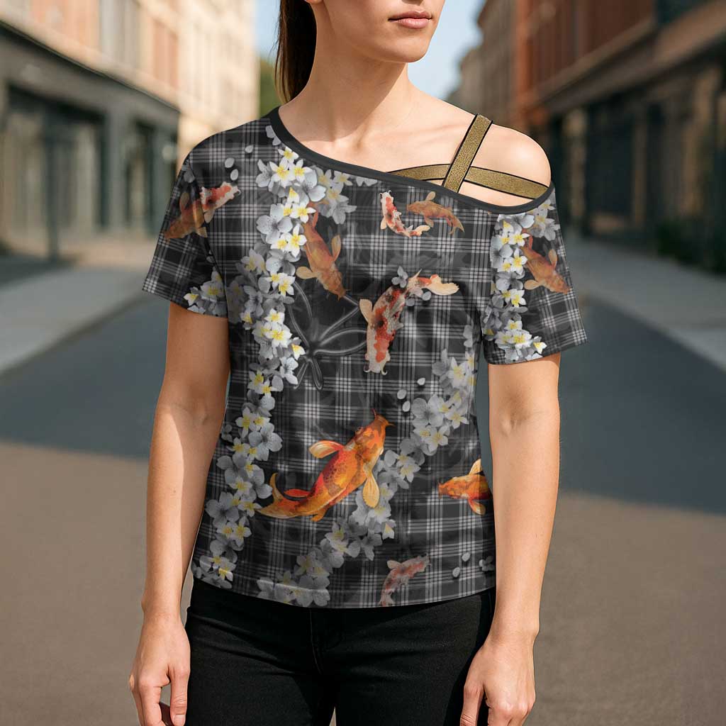 Black Palaka Hawaiian And Japanese Cross Shoulder Shirt Sakura Lei With Koi Fish DT05 - Polynesian Pride