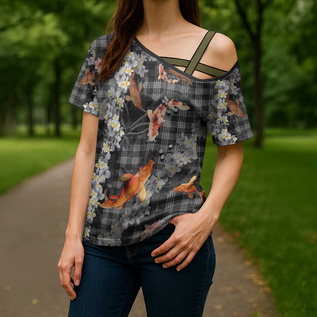 Black Palaka Hawaiian And Japanese Cross Shoulder Shirt Sakura Lei With Koi Fish DT05 - Polynesian Pride