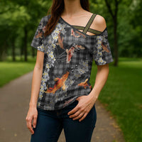Black Palaka Hawaiian And Japanese Cross Shoulder Shirt Sakura Lei With Koi Fish DT05 - Polynesian Pride