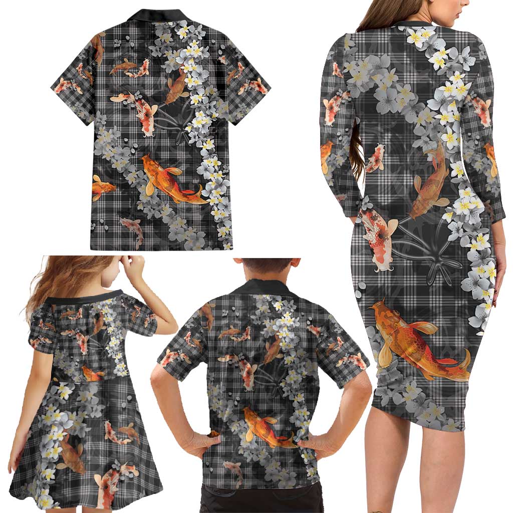 Black Palaka Hawaiian And Japanese Family Matching Long Sleeve Bodycon Dress and Hawaiian Shirt Sakura Lei With Koi Fish - Polynesian Pride