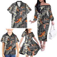 Black Palaka Hawaiian And Japanese Family Matching Off The Shoulder Long Sleeve Dress and Hawaiian Shirt Sakura Lei With Koi Fish - Polynesian Pride