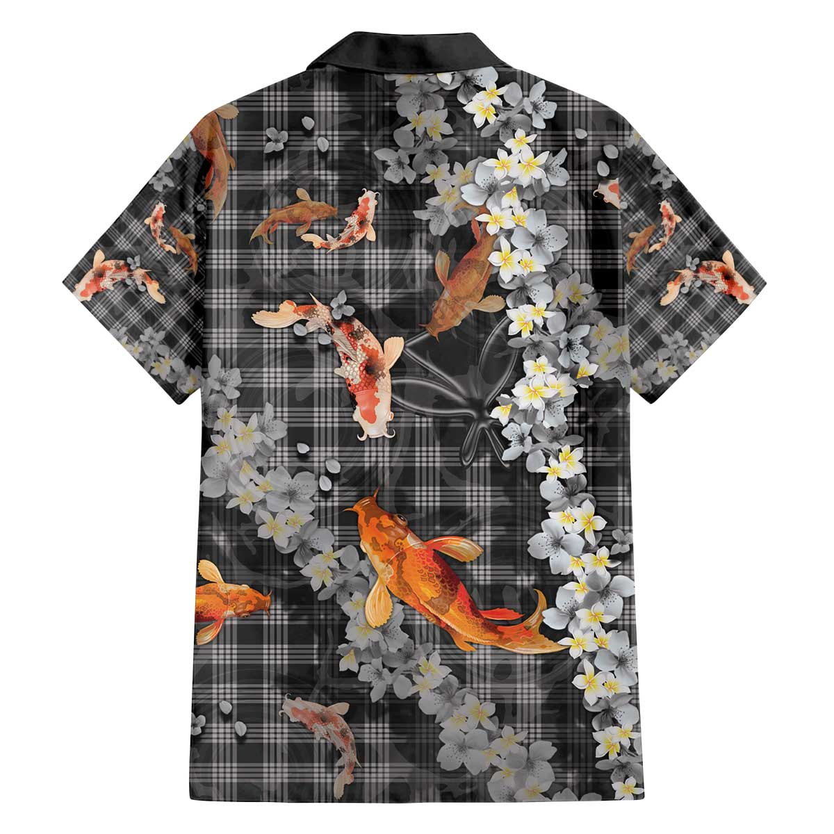Black Palaka Hawaiian And Japanese Family Matching Off The Shoulder Long Sleeve Dress and Hawaiian Shirt Sakura Lei With Koi Fish - Polynesian Pride