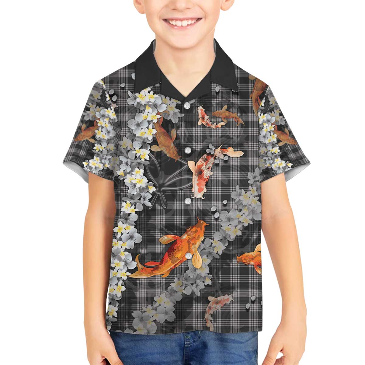 Black Palaka Hawaiian And Japanese Family Matching Off The Shoulder Long Sleeve Dress and Hawaiian Shirt Sakura Lei With Koi Fish - Polynesian Pride