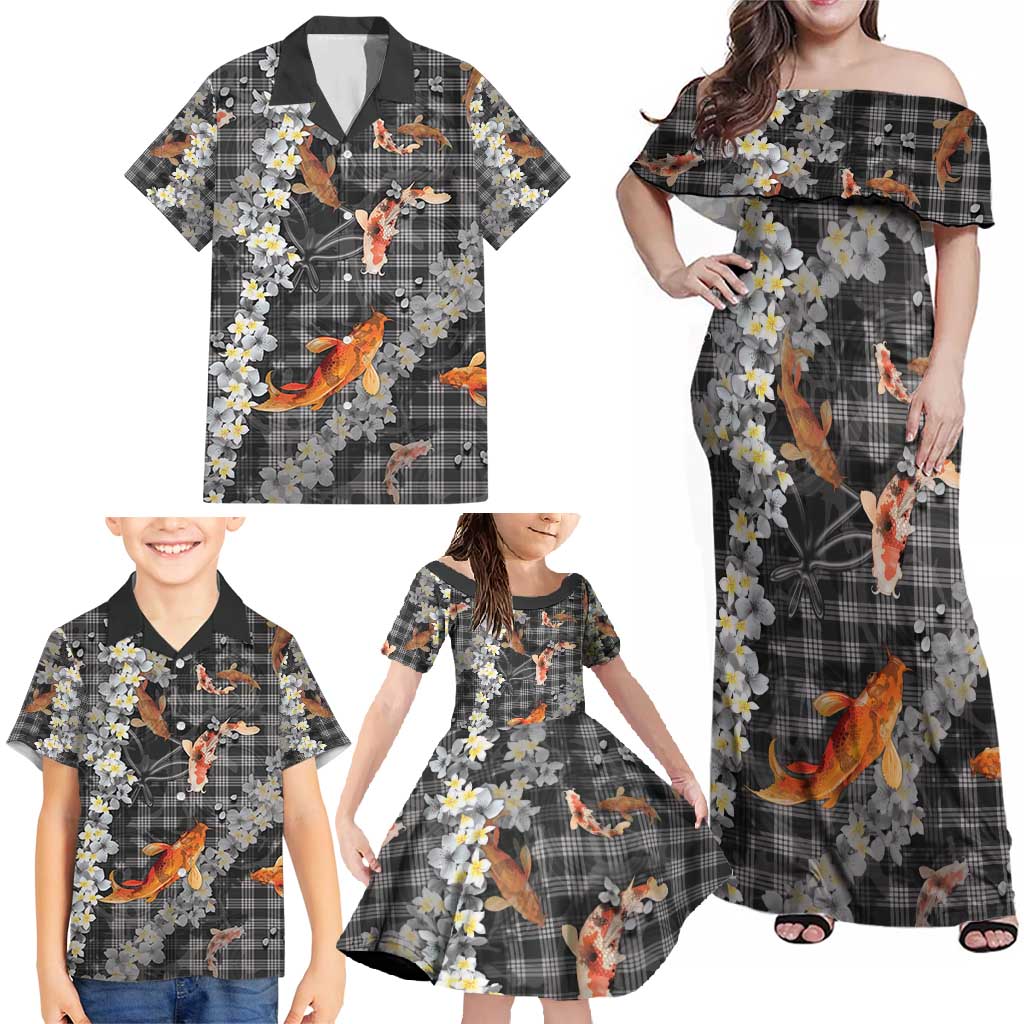 Black Palaka Hawaiian And Japanese Family Matching Off Shoulder Maxi Dress and Hawaiian Shirt Sakura Lei With Koi Fish - Polynesian Pride