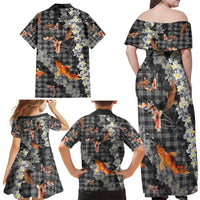 Black Palaka Hawaiian And Japanese Family Matching Off Shoulder Maxi Dress and Hawaiian Shirt Sakura Lei With Koi Fish - Polynesian Pride