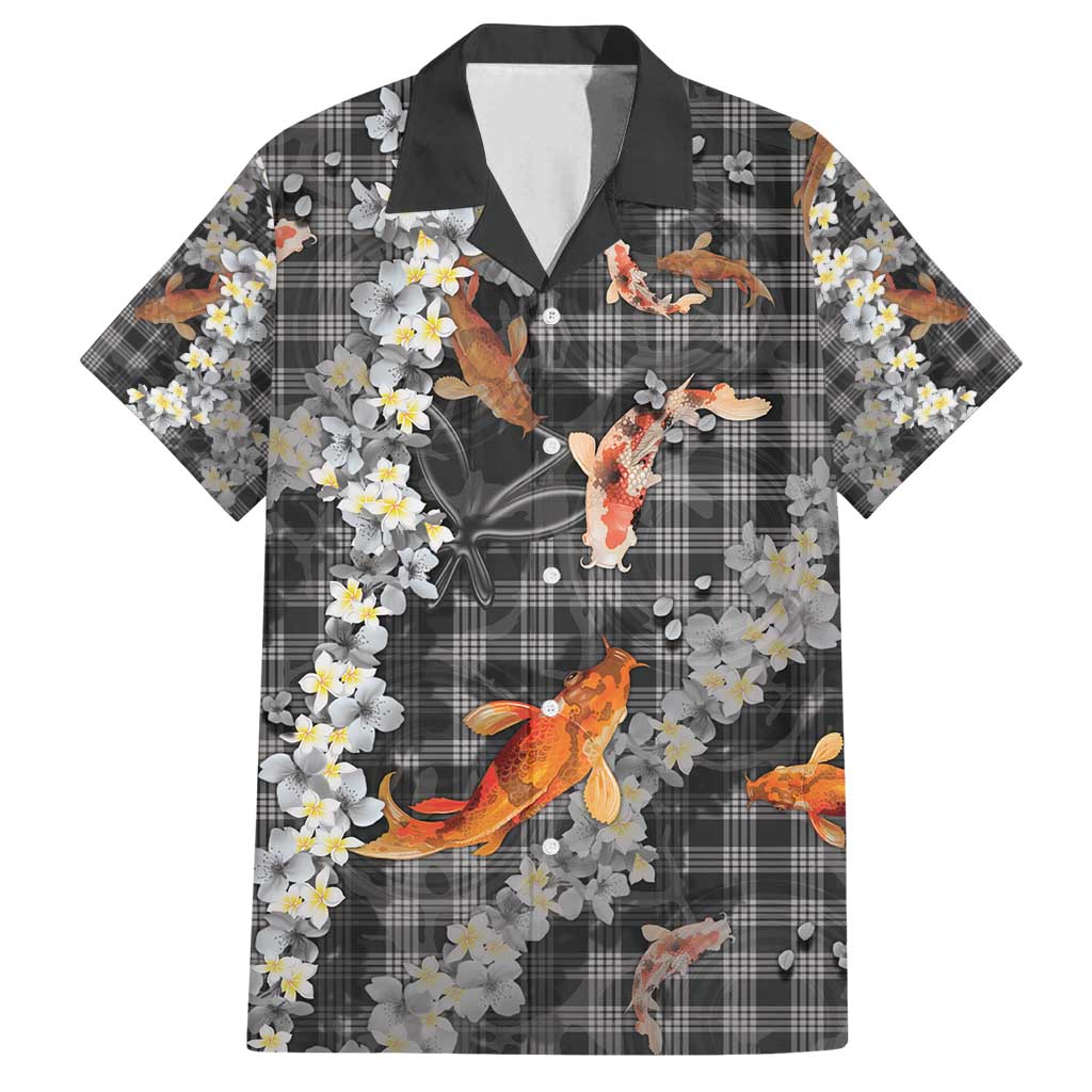 Black Palaka Hawaiian And Japanese Family Matching Off Shoulder Maxi Dress and Hawaiian Shirt Sakura Lei With Koi Fish - Polynesian Pride