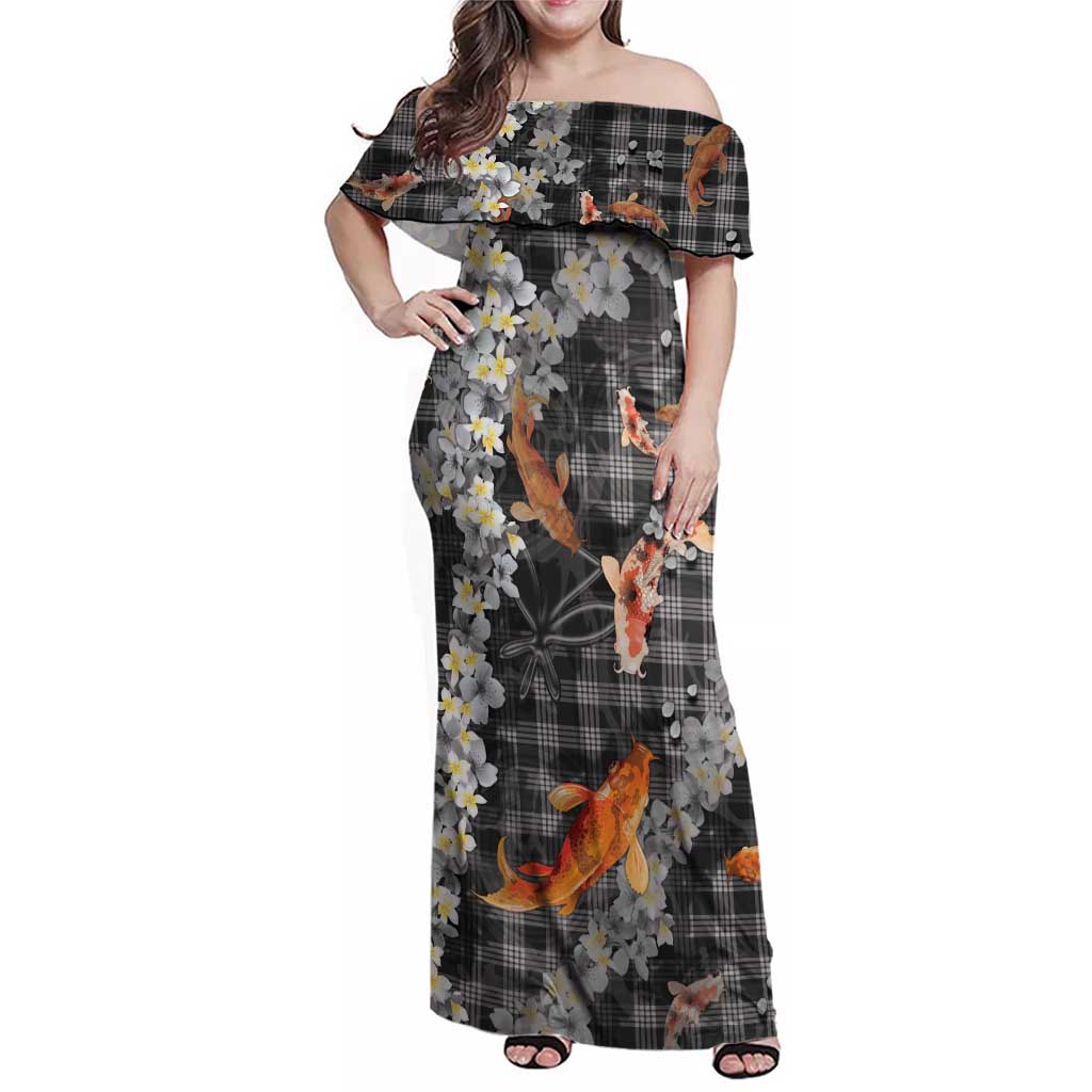 Black Palaka Hawaiian And Japanese Family Matching Off Shoulder Maxi Dress and Hawaiian Shirt Sakura Lei With Koi Fish - Polynesian Pride