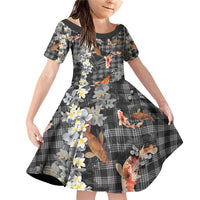 Black Palaka Hawaiian And Japanese Family Matching Off Shoulder Short Dress and Hawaiian Shirt Sakura Lei With Koi Fish - Polynesian Pride