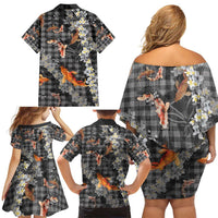 Black Palaka Hawaiian And Japanese Family Matching Off Shoulder Short Dress and Hawaiian Shirt Sakura Lei With Koi Fish - Polynesian Pride