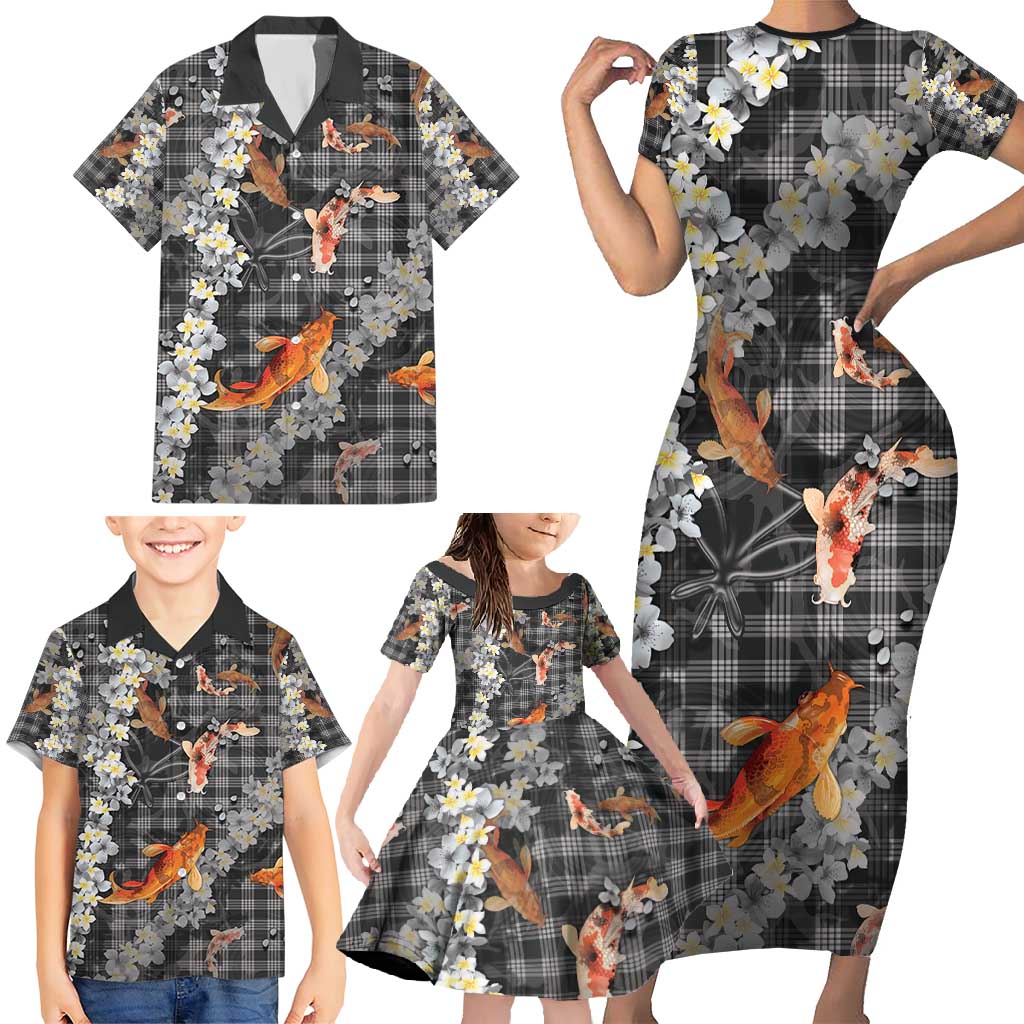 Black Palaka Hawaiian And Japanese Family Matching Short Sleeve Bodycon Dress and Hawaiian Shirt Sakura Lei With Koi Fish - Polynesian Pride