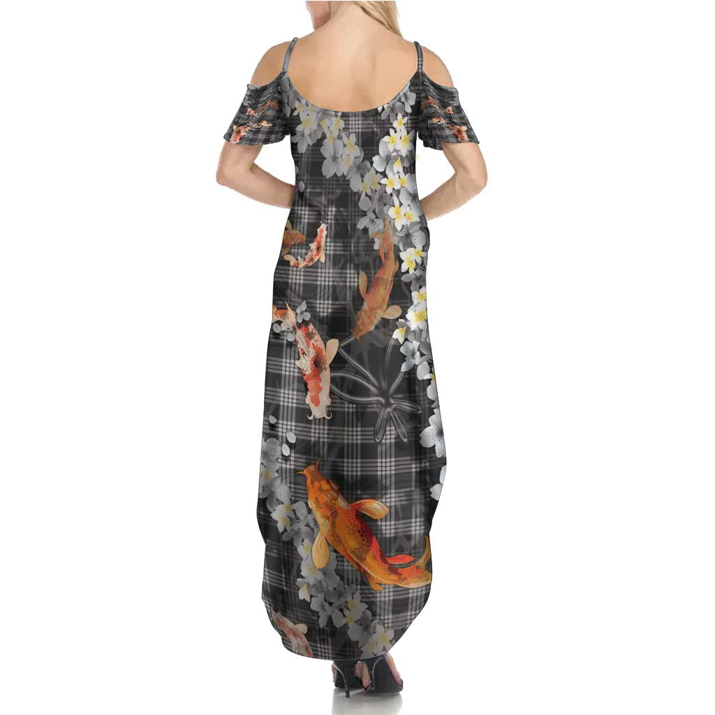 Black Palaka Hawaiian And Japanese Family Matching Summer Maxi Dress and Hawaiian Shirt Sakura Lei With Koi Fish - Polynesian Pride