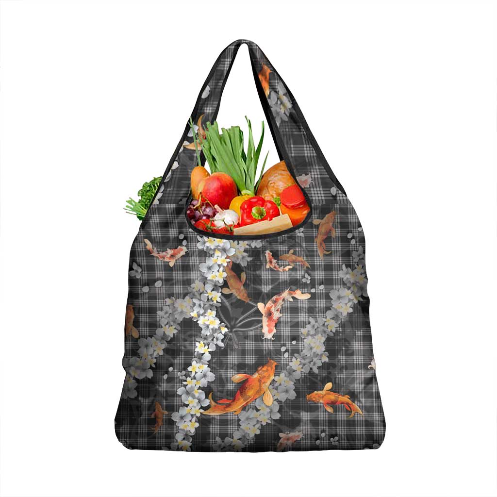 Black Palaka Hawaiian And Japanese Grocery Bag Sakura Lei With Koi Fish - Polynesian Pride