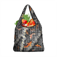 Black Palaka Hawaiian And Japanese Grocery Bag Sakura Lei With Koi Fish - Polynesian Pride
