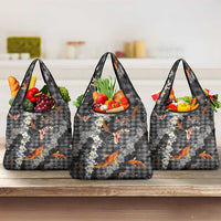 Black Palaka Hawaiian And Japanese Grocery Bag Sakura Lei With Koi Fish - Polynesian Pride