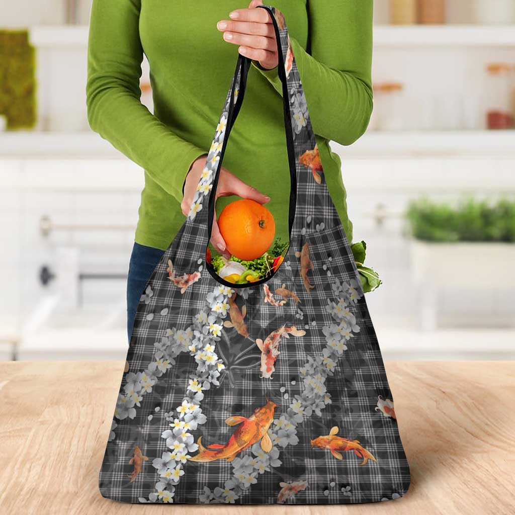 Black Palaka Hawaiian And Japanese Grocery Bag Sakura Lei With Koi Fish - Polynesian Pride