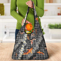 Black Palaka Hawaiian And Japanese Grocery Bag Sakura Lei With Koi Fish - Polynesian Pride