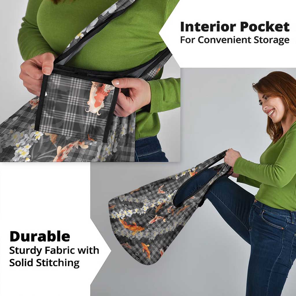 Black Palaka Hawaiian And Japanese Grocery Bag Sakura Lei With Koi Fish - Polynesian Pride