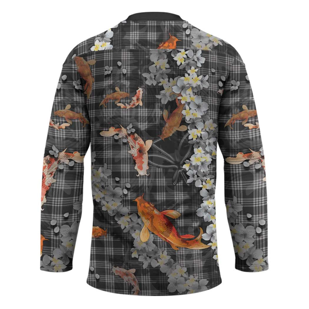 Black Palaka Hawaiian And Japanese Hockey Jersey Sakura Lei With Koi Fish - Polynesian Pride