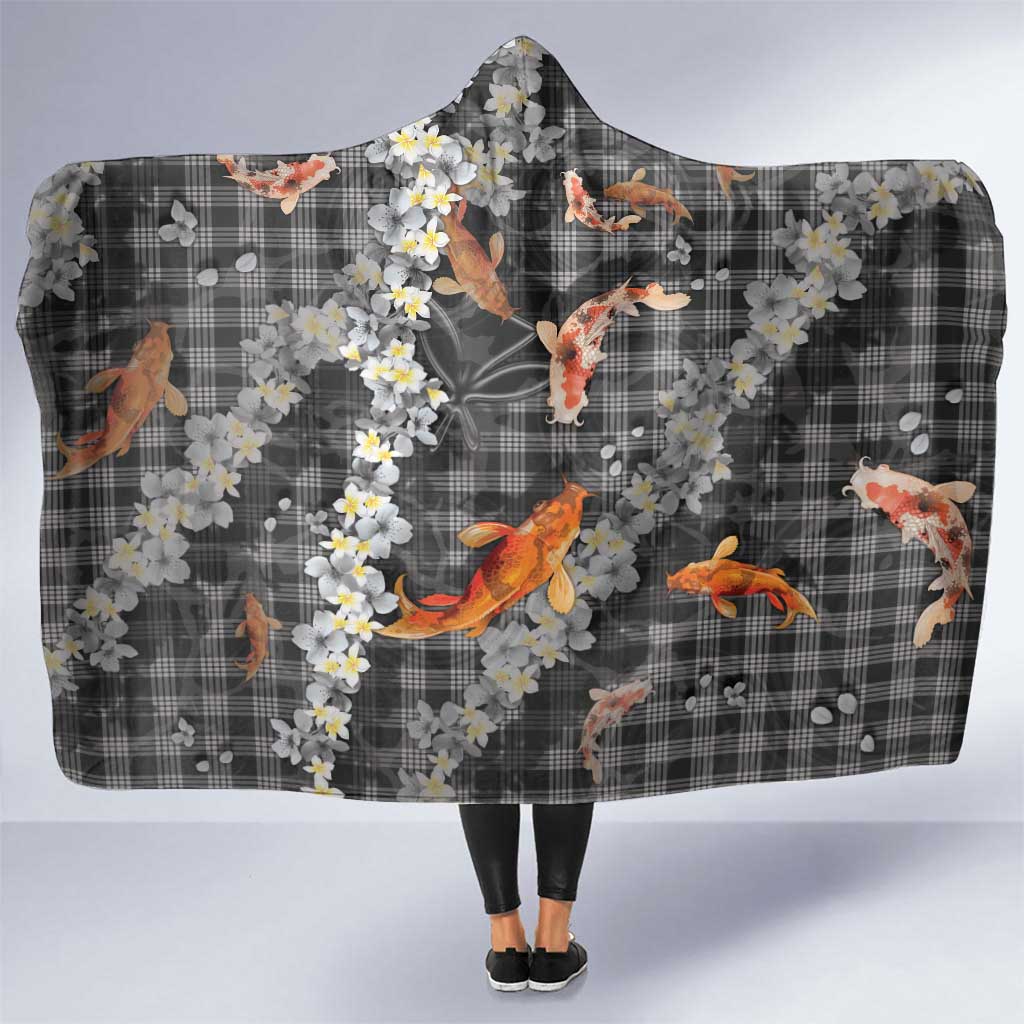 Black Palaka Hawaiian And Japanese Hooded Blanket Sakura Lei With Koi Fish DT05 One Size Black - Polynesian Pride